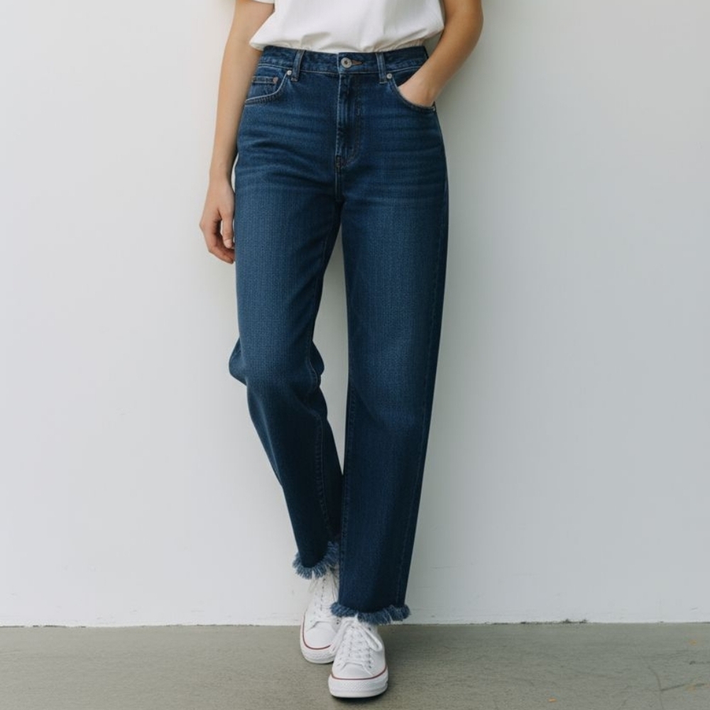 ASOS Denim Blue Fringe Hem Straight Button Fly Jeans Size 26